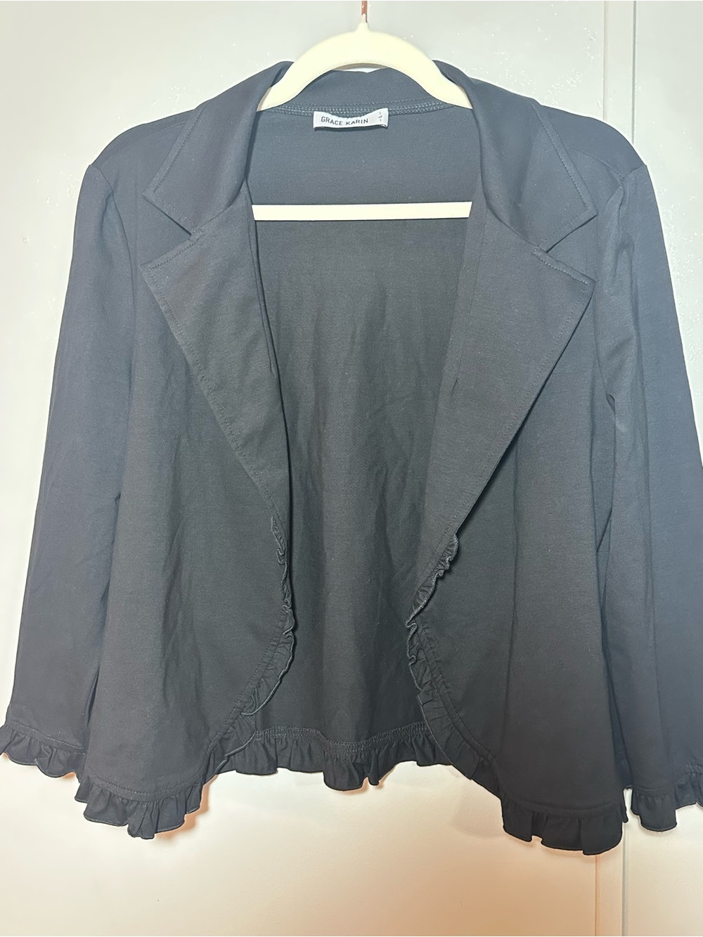 Grace Karin Black Open Front Knit Ruffle-Trim Open Jacket Feminine Coquette